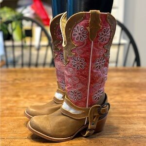 Bohemian Leather Brown & Pink Floral Embroidered Women's Cowgirl Boots 7-7.5US